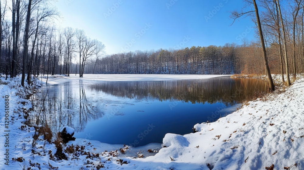 A wide-angle view of a winter lake, its calm waters reflecting a dense forest covered in fresh snow. A wide-angle view of a winter lake, its calm waters reflecting a dense forest covered in fresh snow.