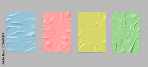Paper wrinkled posters vector set, glued creased rectangle different colors sheets, realistic crumpled vertical blanks