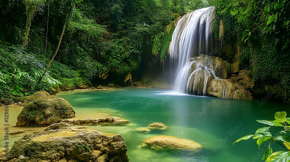 Serene waterfall in lush rainforest, vibrant greenery surrounding tranquil pool, perfect for nature retreats or relaxation. Serene waterfall in lush rainforest, vibrant greenery surrounding tranquil pool, perfect for nature retreats or relaxation.