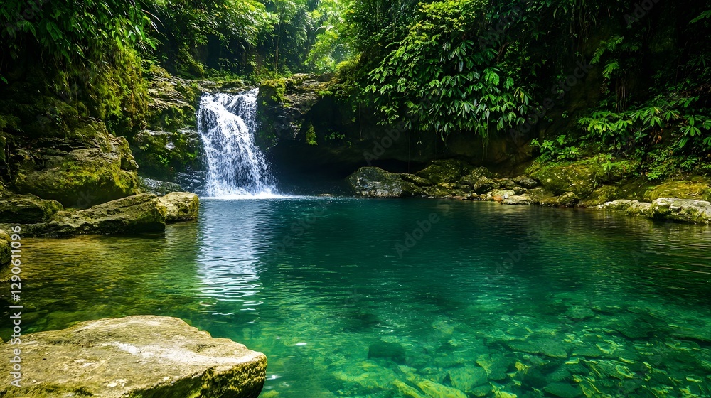 Naklejka premium Serene waterfall cascading into crystal-clear pool, lush green surroundings, natural beauty, peaceful retreat, ideal for relaxation.