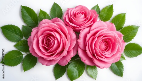 Set of beautiful pink roses with lush green leaves, cut out