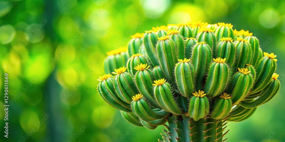 Green Euphorbia plant with yellow edges on leaves and blurred green background, greenery, aerial roots Green Euphorbia plant with yellow edges on leaves and blurred green background, greenery, aerial roots