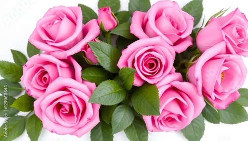 Set of beautiful pink roses with lush green leaves, cut out