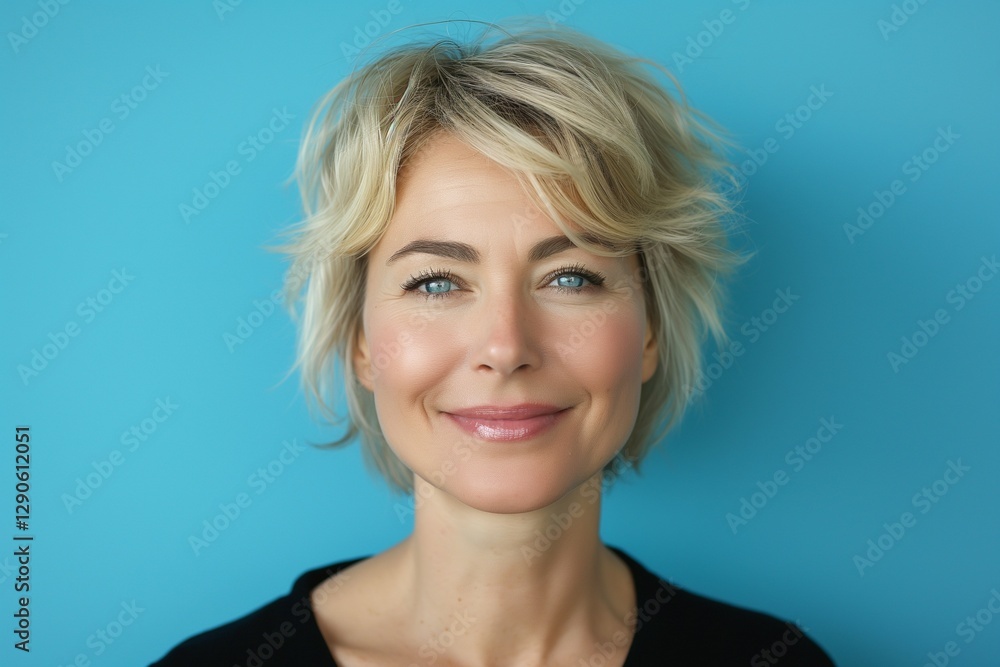 Fototapeta premium Smiling Caucasian woman with short blonde hair against a bright blue background.
