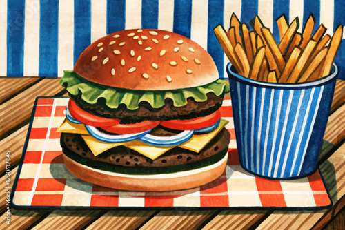 hamburger and french fries on funny background cartoon illustration fast food