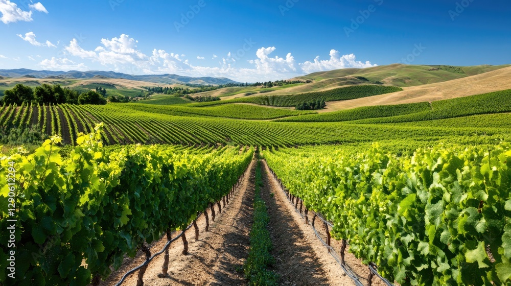 Fototapeta premium Lush vineyard stretches under clear blue skies, showcasing rows