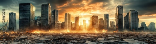 Futuristic dystopian city with giant debt notices displayed, economic collapse scenario, sovereign default, financial turmoil, national crisis