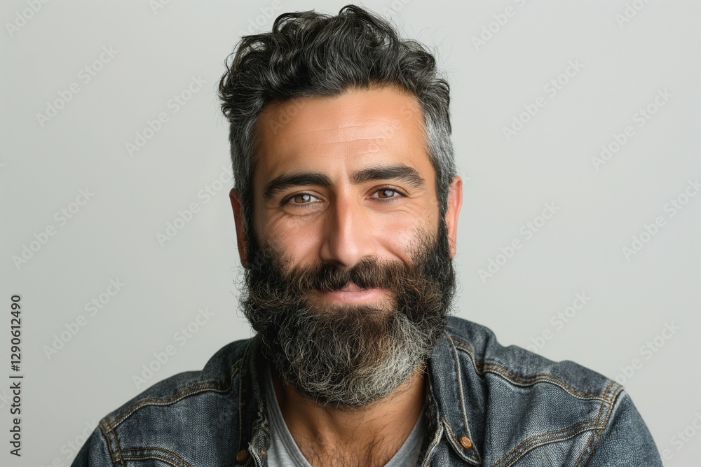 Fototapeta premium A smiling Middle-Eastern man with a beard and curly hair, wearing a denim jacket, exuding warmth and approachability.
