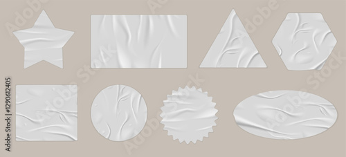 Set of sticker illustrations of various geometric shapes with folds and dampness effect.