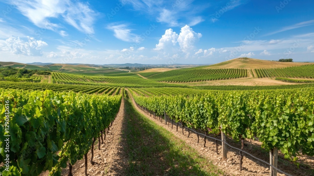 Naklejka premium Lush vineyard landscape stretches under bright blue sky with flu