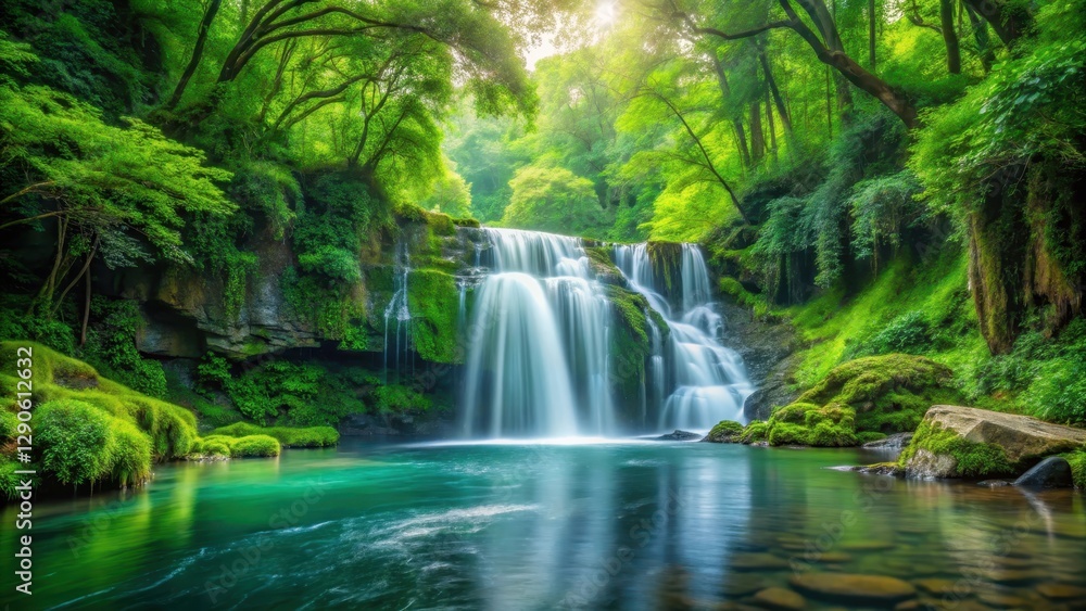 Fototapeta premium Waterfall in Lush Green Forest, natural scenery, tranquil scene, natural scenery, tranquil scene
