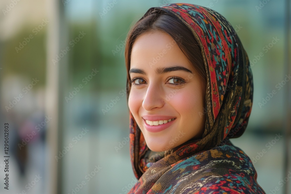 Smiling young woman in a colorful headscarf, exuding warmth and positivity in an outdoor setting. Smiling young woman in a colorful headscarf, exuding warmth and positivity in an outdoor setting.
