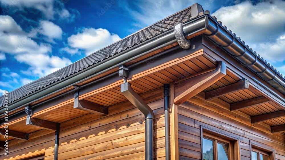 Traditional wooden house with aluminum gutters and soffit on a sloping roof, roofing materials, traditional architecture Traditional wooden house with aluminum gutters and soffit on a sloping roof, roofing materials, traditional architecture