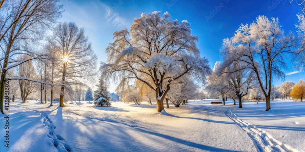 Winter Panorama of Park at Sunny Day, snowy landscape, trees, snowy landscape, trees, foliage, park, sunny day landscape, sun Winter Panorama of Park at Sunny Day, snowy landscape, trees, snowy landscape, trees, foliage, park, sunny day landscape, sun
