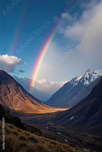 Double rainbow arc over Patagonian mountains, vibrant colors , breathtaking, environment