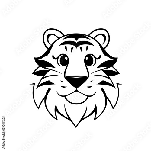 Cute cartoon tiger head. Simplified, minimalist illustration with a happy expression.