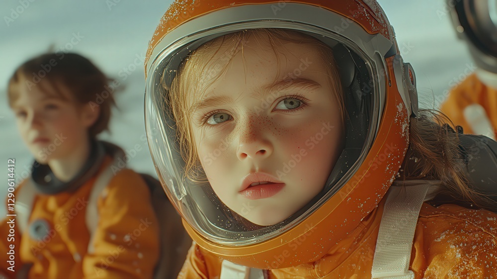 Young Girl in Orange Astronaut Helmet, Close up Portrait Young Girl in Orange Astronaut Helmet, Close up Portrait