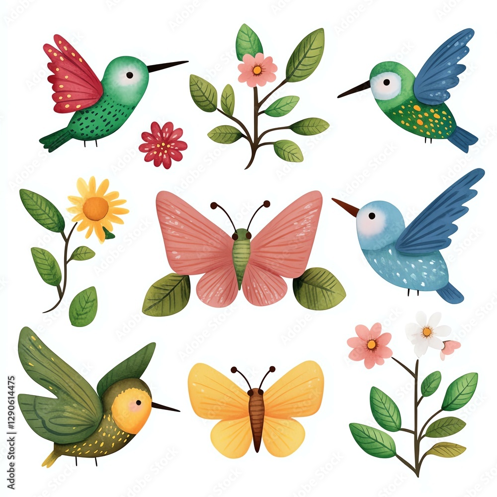 Fototapeta premium A vibrant collection of colorful birds and flowers, showcasing nature's beauty and diversity in a whimsical, artistic style.