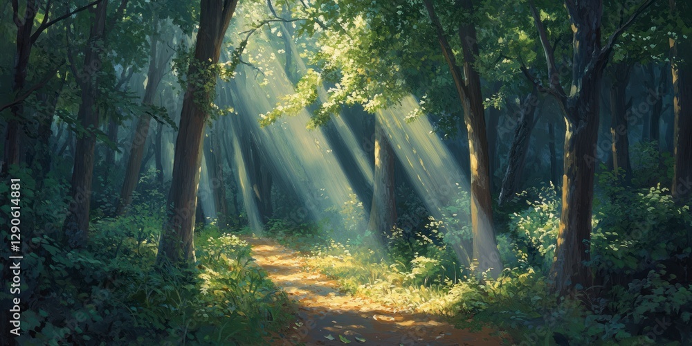 Obraz premium In the dense forest, sunlight shines through the leaves and forms rays of light on the ground. The trees stand tall with green foliage that adds to their beauty. 