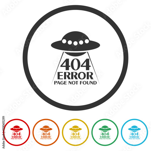404 error UFO icon. Set icons in color circle buttons
