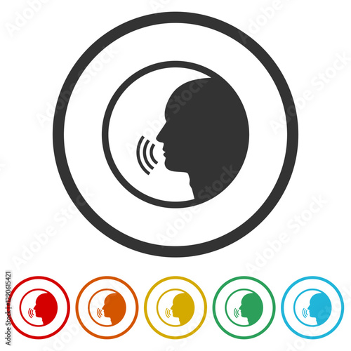 Speak voice icon person. Set icons in color circle buttons