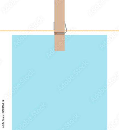 Illustration of a hanging clothespin or clothes peg on a rope with blank paper. Empty copy space for your advertisement design. 
