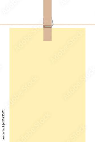 Illustration of a hanging clothespin or clothes peg on a rope with blank paper. Empty copy space for your advertisement design. 
