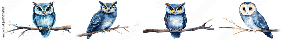 Naklejka premium Captivating of various species of owls perched gracefully on wooden branches against a serene minimalist nature backdrop Showcasing the owls mesmerizing eyes soft feathers