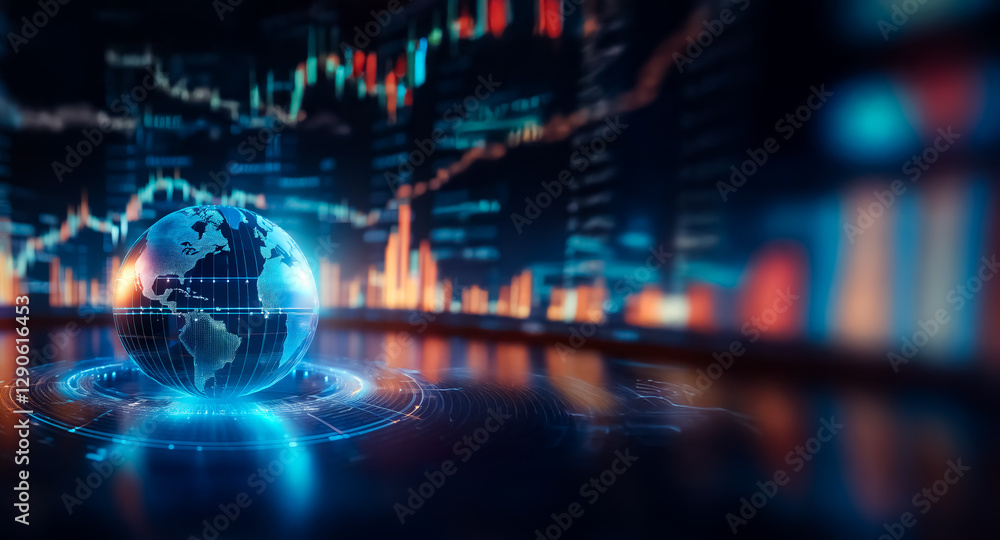 Naklejka premium Global network visualization with digital earth and glowing financial data charts in the backdrop, representing worldwide economy and stock market trends.