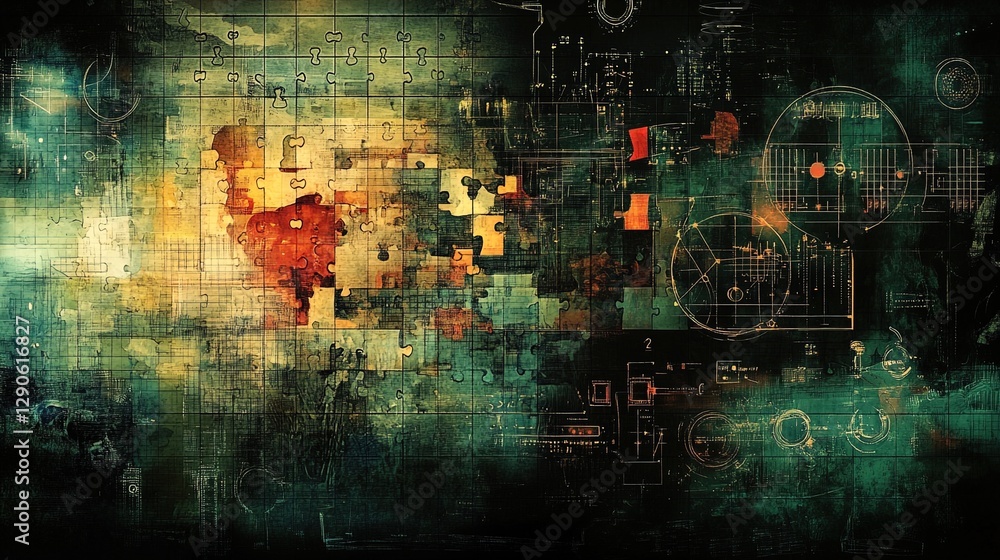 Obraz premium Mystical background featuring floating puzzle pieces and complex mathematical symbols