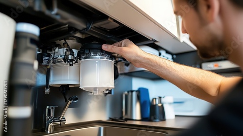 person installing a water filter under the sink in a modern apartment kitchen, emphasizing the ease and practicality of setting up a filtration system at home