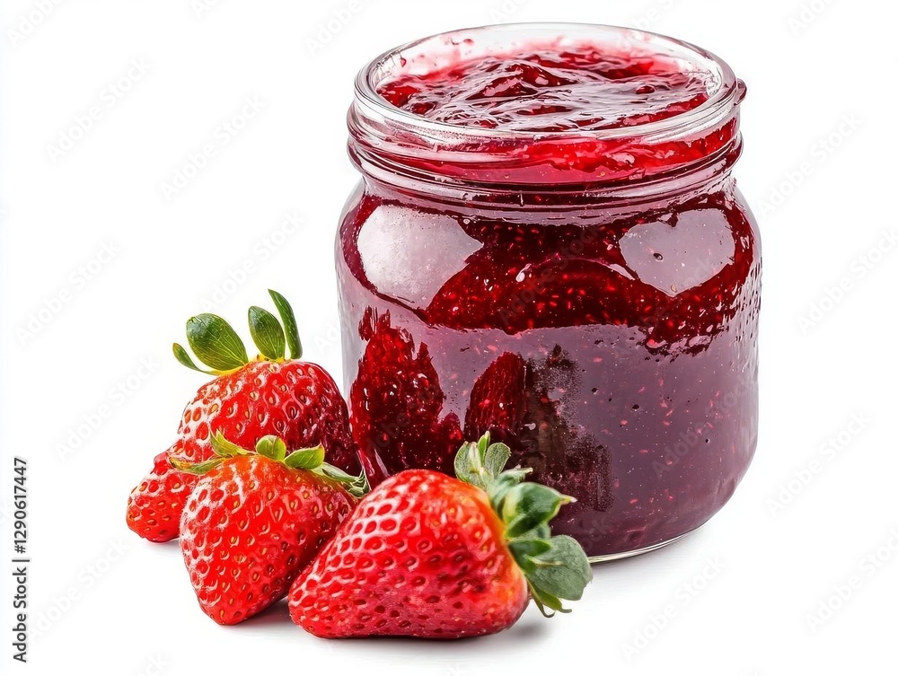 A jar of strawberry jam with fresh strawberries, highlighting delicious flavors. A jar of strawberry jam with fresh strawberries, highlighting delicious flavors.