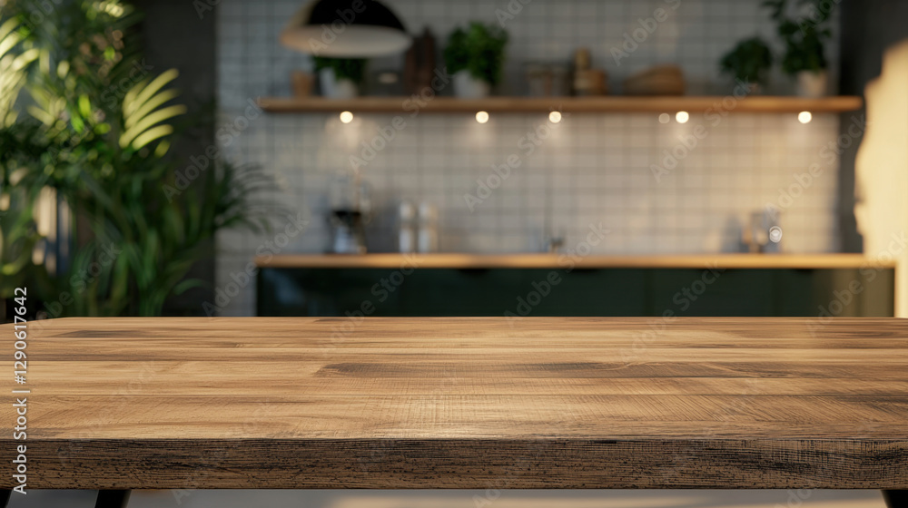 wooden kitchen table top with blurred background featuring modern kitchen, plants, and warm lighting creates cozy atmosphere wooden kitchen table top with blurred background featuring modern kitchen, plants, and warm lighting creates cozy atmosphere