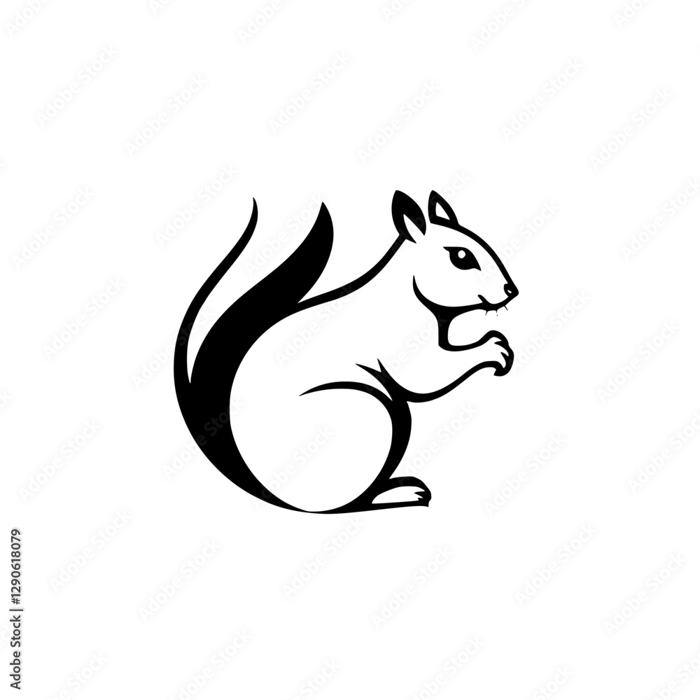 Fototapeta premium Black and white illustration of a squirrel holding a nut, minimalist design.