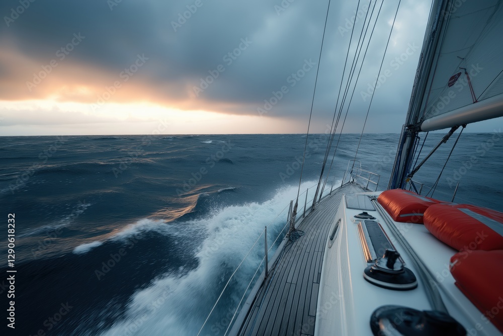 Fototapeta premium A sailboat is sailing in the ocean with a storm in the background. The sky is orange and the water is choppy