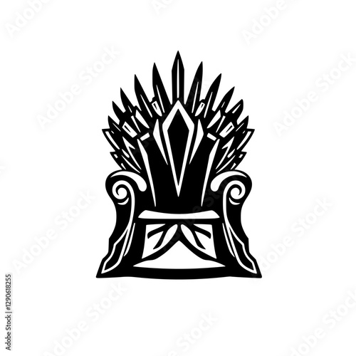 An ornate black and white silhouette of the Iron Throne, a symbol of power and ambition, isolated against a white background.