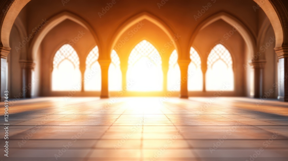 Fototapeta premium Sunlit Architectural Interior with Arched Windows and Floor Tiles