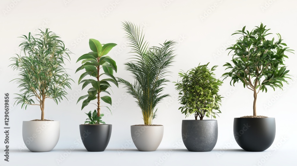 Fototapeta premium Indoor Plants Arranged Elegantly in Decorative Pots Enhancing Modern Living Space Aesthetics