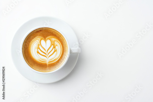 top down shot of beautifully crafted latte with intricate foam art, served in white cup on clean, minimalistic background