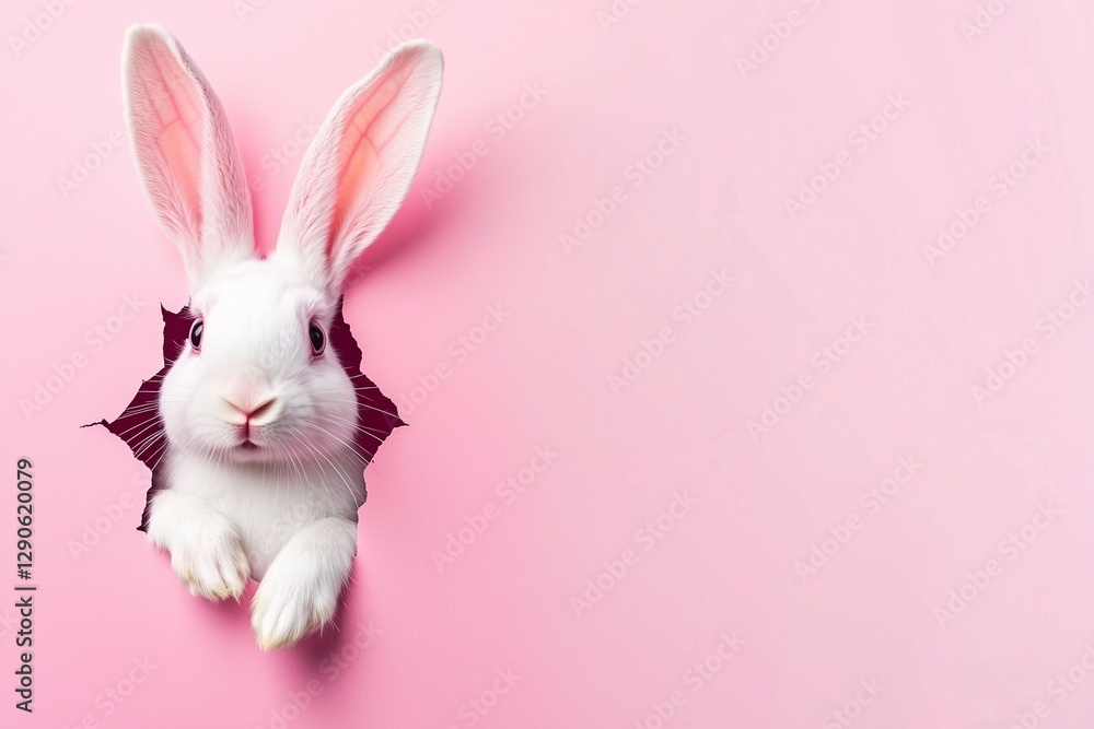 Playful White Rabbit Peeking Through Paper Hole on a Pink Background with Copy Space. Creative Easter concept. Playful White Rabbit Peeking Through Paper Hole on a Pink Background with Copy Space. Creative Easter concept.