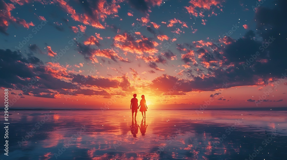 Fototapeta premium Couple Silhouetted Against a Vibrant Sunset Seascape.