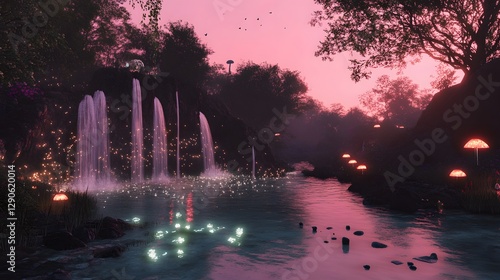 Tranquil garden at dusk, peaceful water features reflecting soft pink sky, serene ambiance ideal for relaxation and meditation.