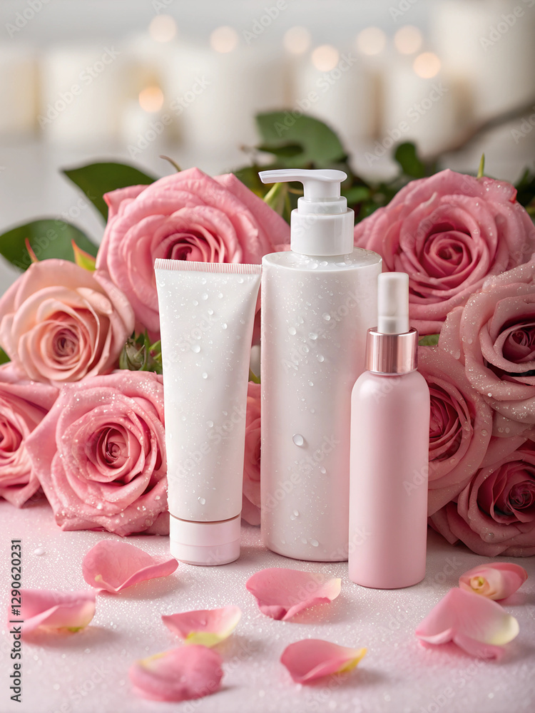 Cosmetic Tubes Arranged Elegantly With Fresh Roses and Soft Petals on Display Cosmetic Tubes Arranged Elegantly With Fresh Roses and Soft Petals on Display
