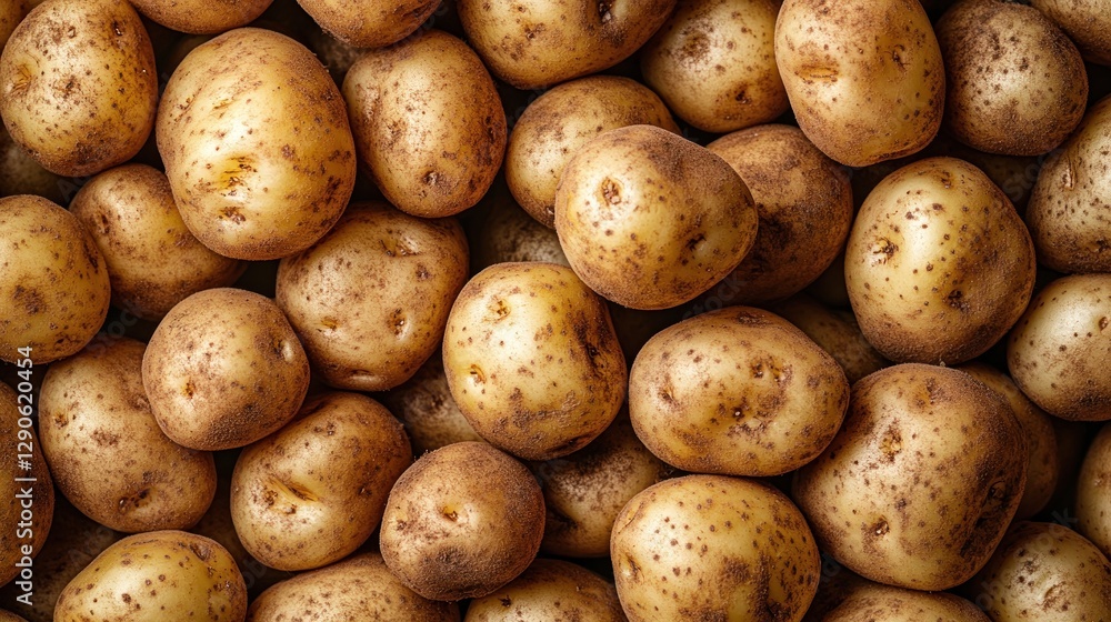 Close-up of fresh potatoes, piled, on a surface, with a natural light background. Use for food, agriculture, or cooking imagery Close-up of fresh potatoes, piled, on a surface, with a natural light background. Use for food, agriculture, or cooking imagery