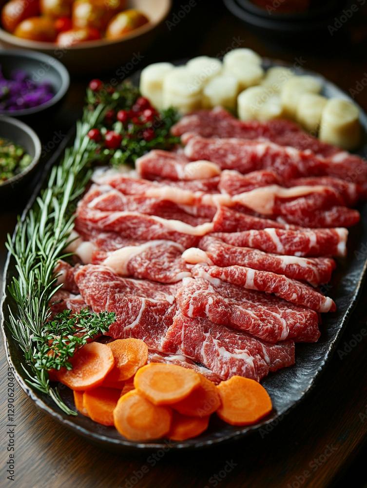 Gourmet platter with fresh meats and vegetables for grilling Gourmet platter with fresh meats and vegetables for grilling
