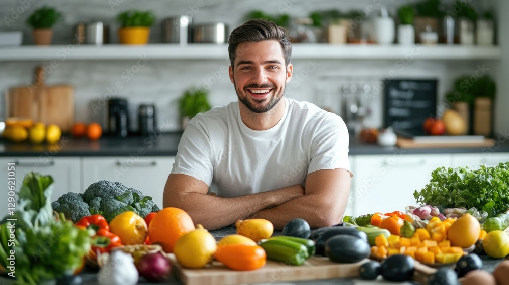 Happy chef in kitchen with fruits and vegetables Happy chef in kitchen with fruits and vegetables