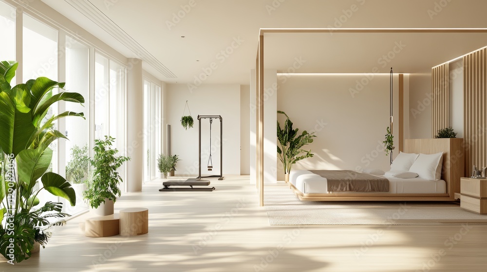 Fototapeta premium Minimalist Interior Design Featuring Natural Light and Greenery in a Modern Space During the Day