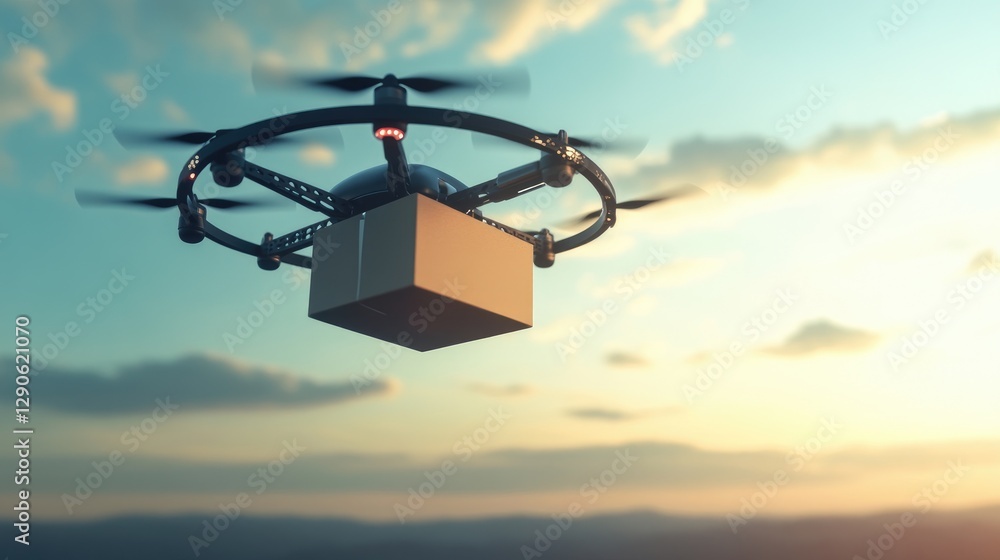 Aerial drone food drop-off concept, showing a sleek design with a package in transit Aerial drone food drop-off concept, showing a sleek design with a package in transit