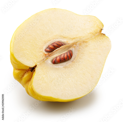 Half of ripe quince with brown seeds on white background. File contains clipping path. photo