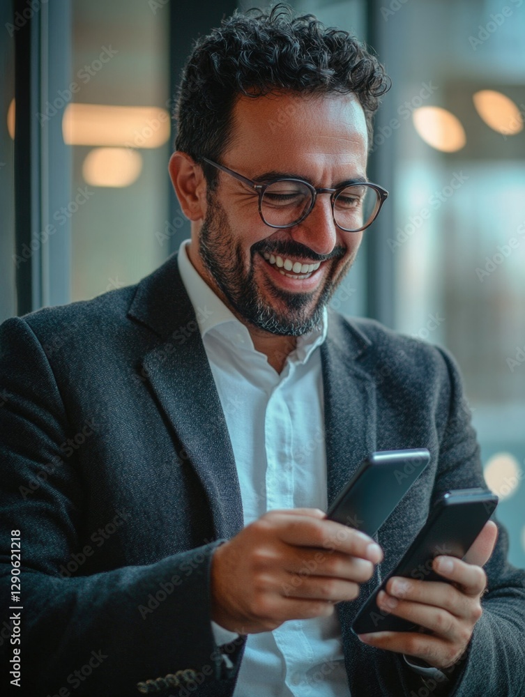 Man in suit laughing at something on phone screen, modern technology use in business setting. Man in suit laughing at something on phone screen, modern technology use in business setting.